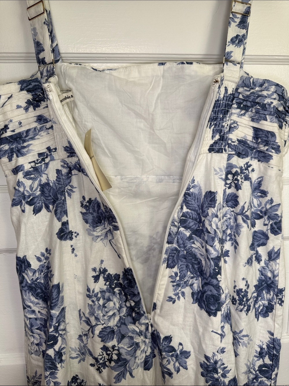 Abercrombie & Fitch Emerson Linen-Blend Wide Strap Midi Dress Blue&White Toile L - Picture 14 of 16